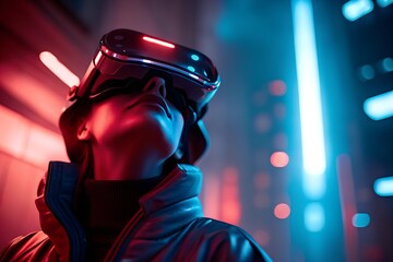 Naklejka premium A person wearing a virtual reality headset in a cyberpunk-inspired urban setting with vibrant neon lighting. Immersive and futuristic, symbolizing technology, innovation, and modern gaming experiences