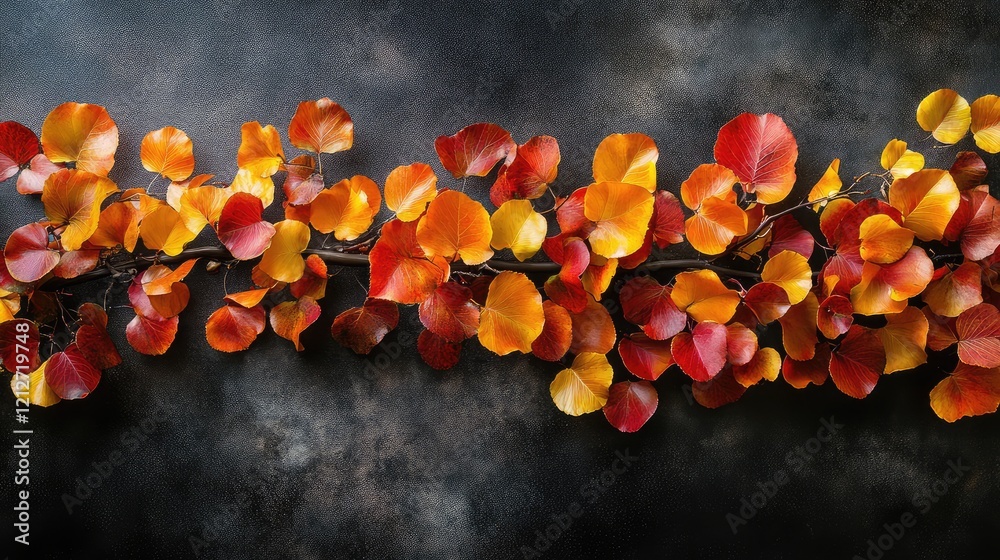 Poster lush autumn foliage in warm red and orange tones against a dark background creating an artistic seas