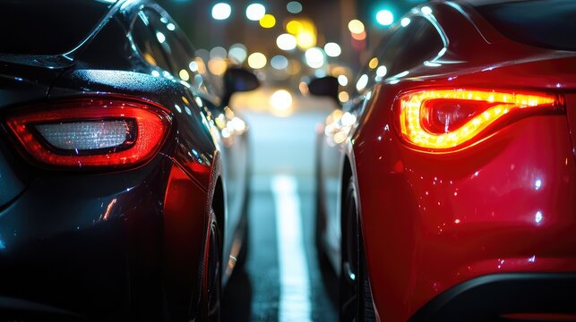 Cars illuminated by street lights at night in an urban setting, showcasing the sleek taillights of a black and red vehicle.