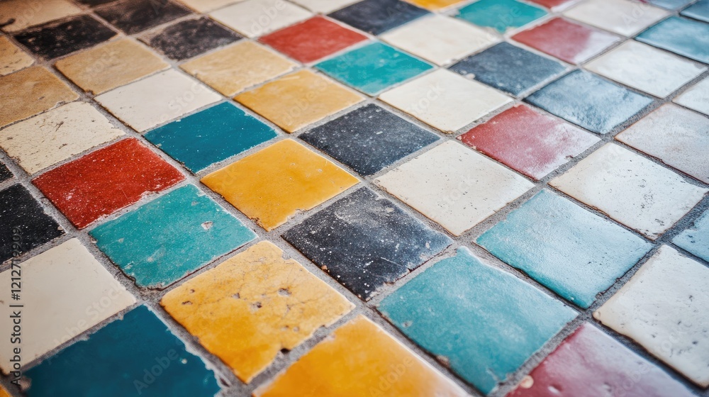 Poster colorful vintage mosaic tile floor with distinctive patterns and textures