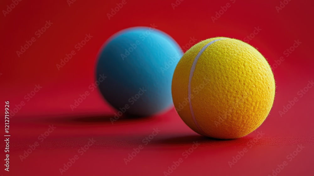 Poster Colorful blue and yellow balls on a vibrant red background creating an engaging and playful visual abstract composition