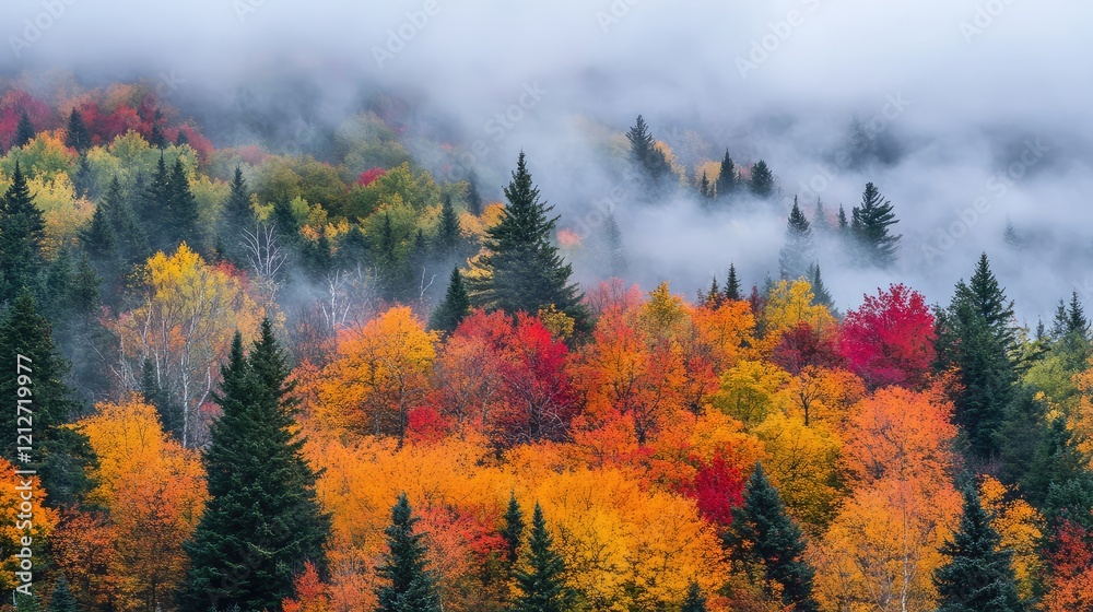 Poster vibrant autumn foliage in lush forest with mist enveloping colorful trees in shades of red orange an