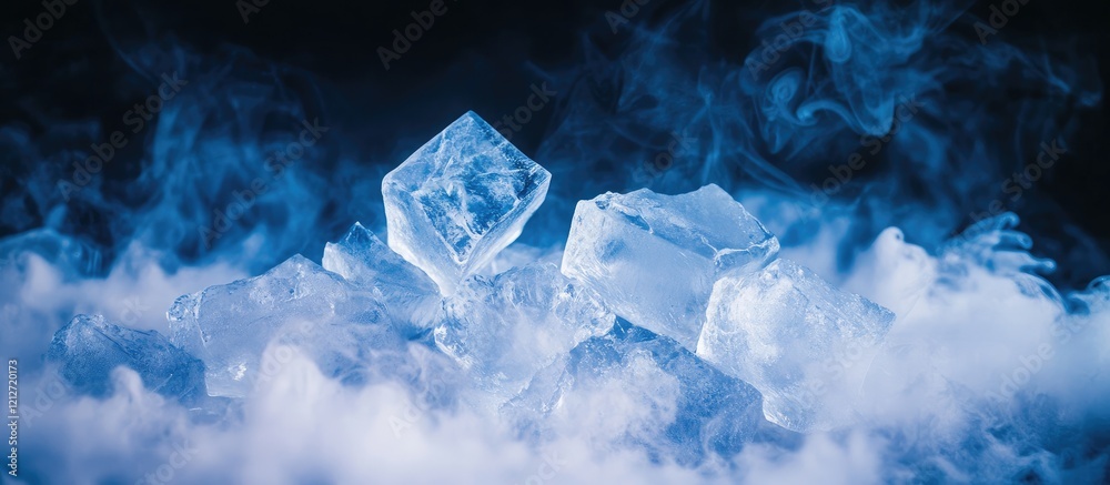 Aufkleber Geometric Ice Fragments Emerging from Mist in Soft Blue Tones with Dark Background and Generous Copy Space for Text Overlay