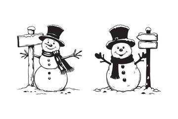 Snowman Line Art Illustration with Winter Signboards