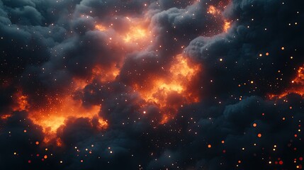 Fototapeta premium A stormy sky filled with brooding black clouds, glowing faintly as tiny red sparks float through, casting a haunting glow.