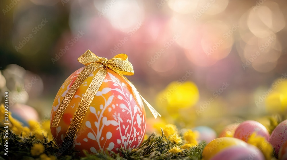 Poster colorful easter egg decorated with golden ribbon surrounded by flowers and soft bokeh background in 