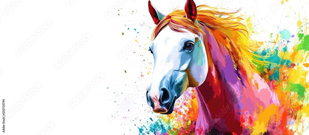 Poster Vibrant portrait of a stunning Arabian horse showcasing colorful splashes of paint in the foreground with empty space for text on the left side