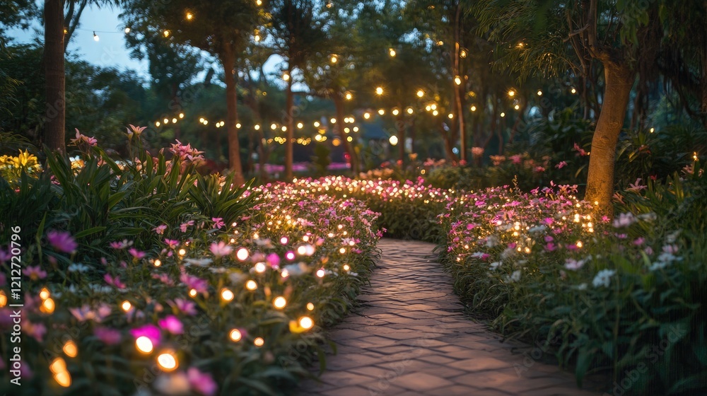 Poster twilight garden pathway illuminated by string lights surrounded by colorful flowers and lush greener