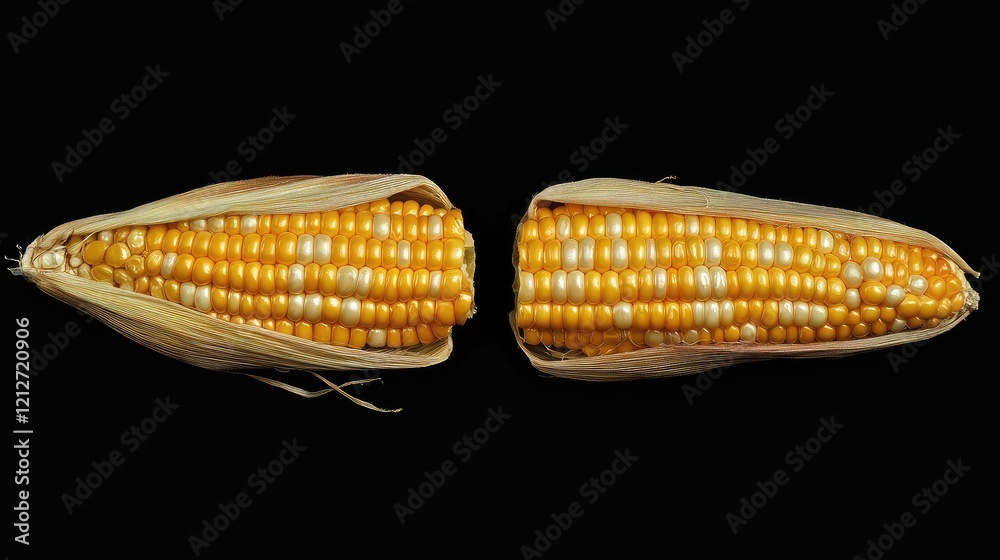 Aufkleber golden corn on the cob halves with yellow kernels in natural husk on black background for culinary a