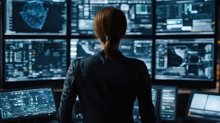 Fototapeta premium Woman working on advanced IT solutions, surrounded by digital screens and futuristic tech tools