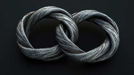 Intertwined metallic steel wire coils in a sleek dark background showcasing intricate textures and patterns of gray and silver tones.