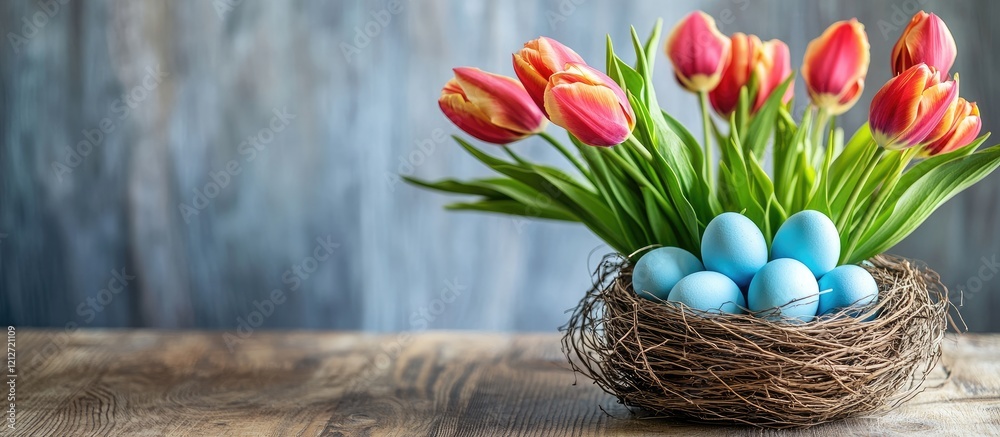 Aufkleber Springtime decor featuring vibrant tulips and a nest of blue eggs on a rustic table evoking a cozy and inviting atmosphere.