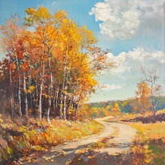 Fototapeta premium Vibrant autumn trees lining a winding dirt path in a rural landscape with clear skies and distant hills under a bright sun.