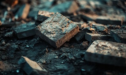 Fototapeta premium Closeup shot of a pile of bricks laying on the ground at a tilted angle
