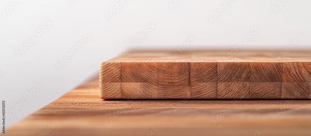 Poster End grain wood countertop showcasing rich texture in sharp focus against a softly blurred kitchen backdrop ideal for product display and design.