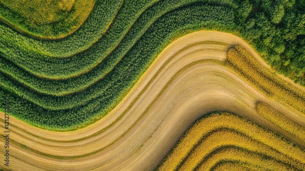 Poster aerial view of colorful autumn fields with lush green and golden grain crops in curved patterns unde