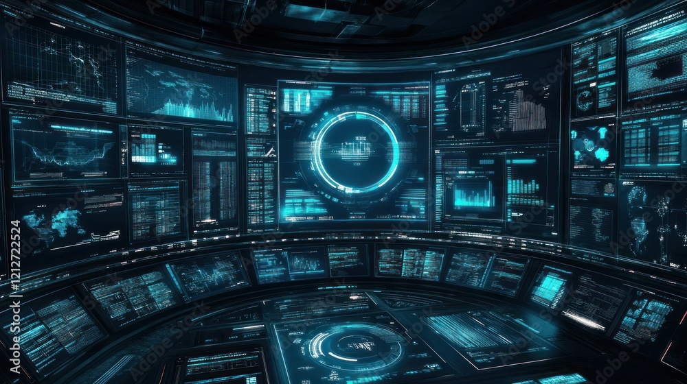 Poster Futuristic Control Room Displays Data Streams and Global Information