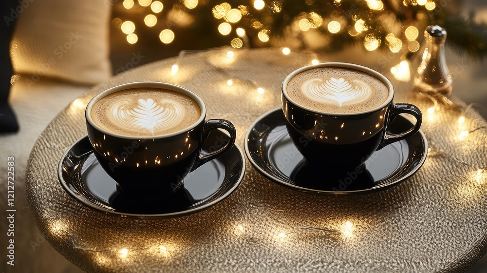 Poster warm cozy cafe setting with two black coffee cups featuring latte art on textile table surrounded by