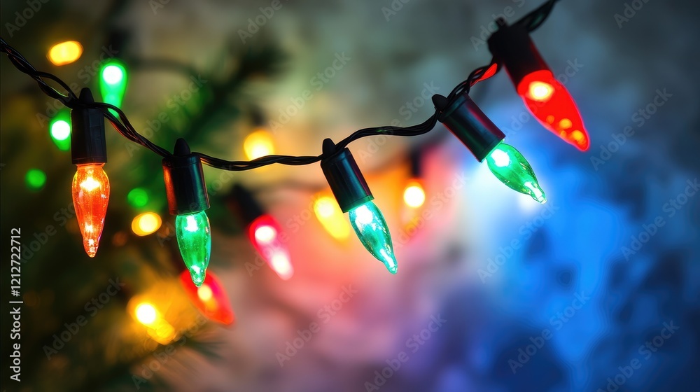 Poster Colorful string lights glowing softly against a softly blurred colorful background creating a festive and warm atmosphere.
