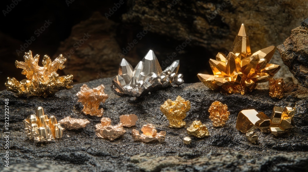 Poster close up of diverse natural gold nuggets displaying metallic luster and crystal structure against a 