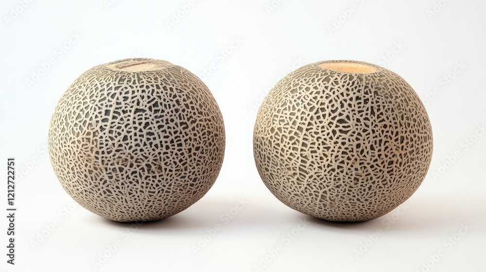 Poster fresh cantaloupes with intricate textured rinds positioned symmetrically on a soft white background 