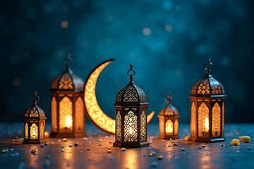 Obraz premium Beautiful Ramadan background with golden crescent moon and ornate Islamic lanterns on blue gradient