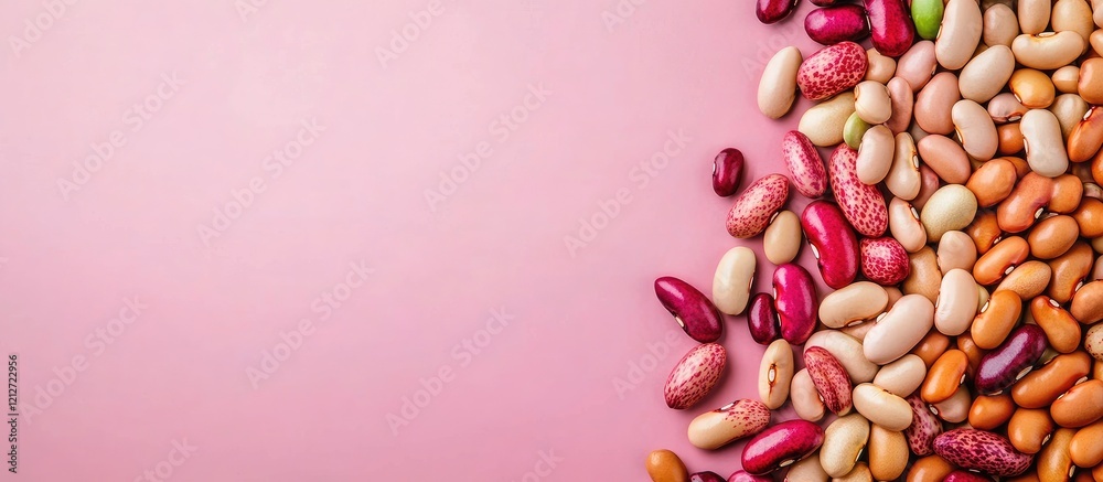 Poster colorful assortment of fresh beans in various shades on a soft pink background with ample space for 