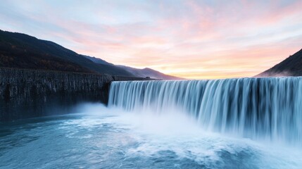 Serene Waterfall at Sunrise Majestic Mountain Dam