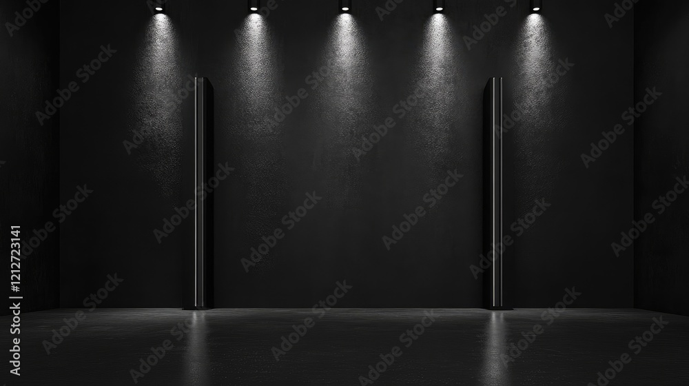 Aufkleber Minimalist Black Room with Vertical Stage Lights and Empty Center Space for Event or Performance Background Design