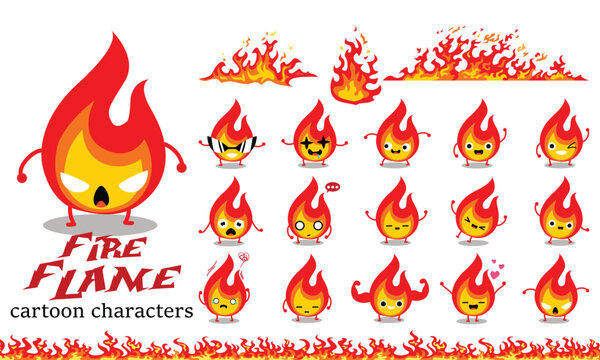 Red yellow fire flame cartoon characters vectors set.