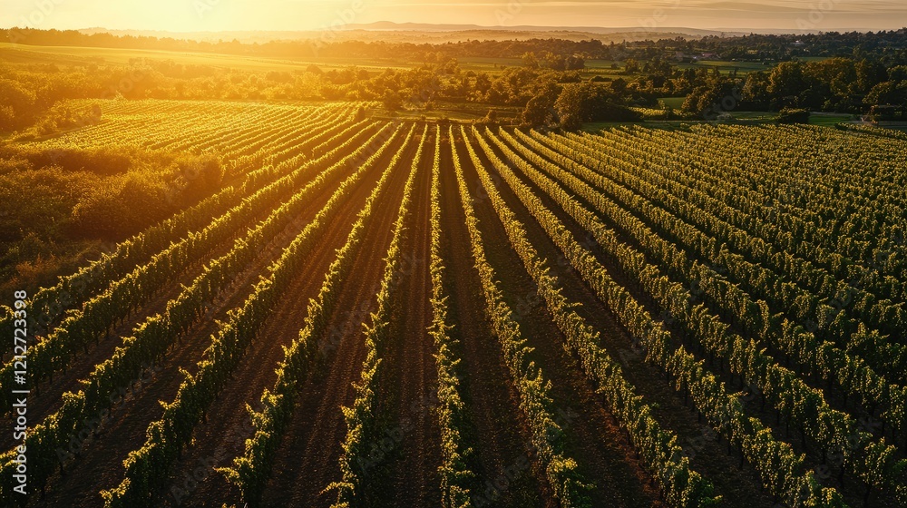 Poster Aerial view of lush vineyards at golden hour highlighting rows of grapevines in a serene wine region with space for text placement