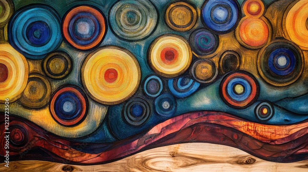 Poster abstract vibrant artwork with colorful swirling patterns and circular shapes against a textured wood