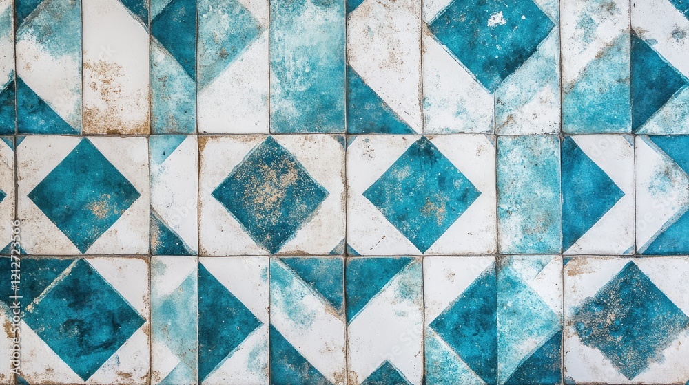 Aufkleber vintage turquoise and white ceramic tile wall texture featuring geometric patterns and a weathered a