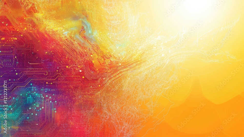 Poster colorful abstract background featuring electronic circuit design with vibrant gradients and light ef