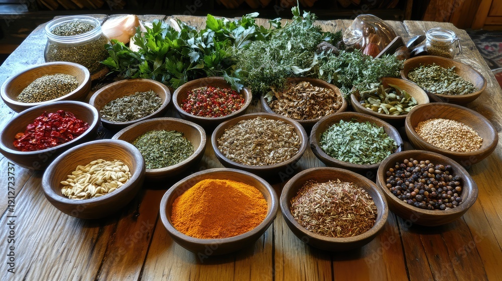 Poster colorful array of herbs and spices in rustic wooden bowls surrounded by fresh green ingredients on a