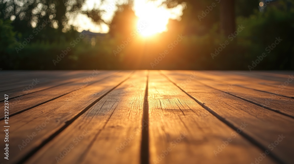 Poster sunlit wooden terrace with natural bokeh effect and dark green background ideal for summer product d