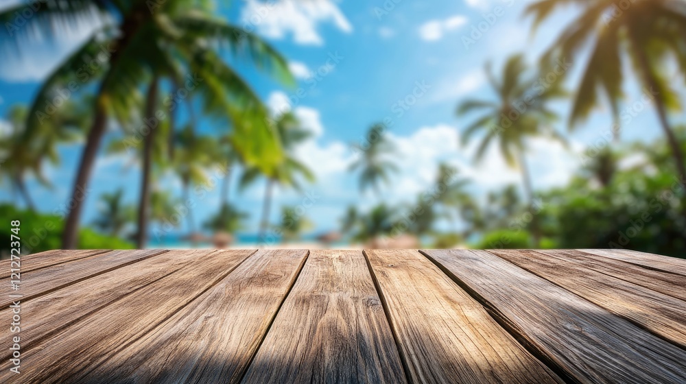 Aufkleber wooden table with blurred tropical beach background and palm trees ideal for summer product display 