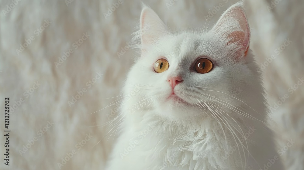 Poster portrait of a charming white cat with amber eyes gazing thoughtfully against a soft textured backgro