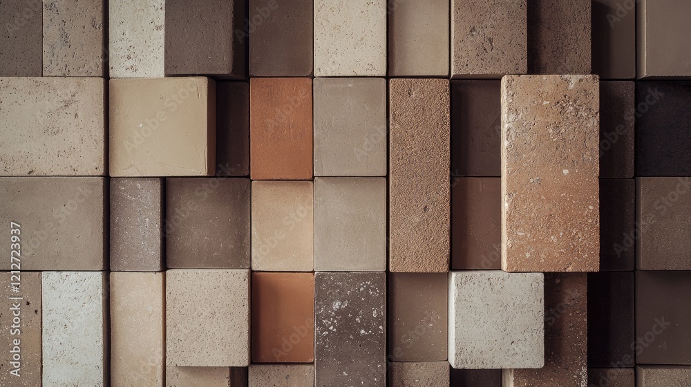 Poster Textured rectangular clay bricks in earthy tones arranged in a vertical stack showcasing natural surfaces and color variations