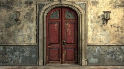Vintage wooden door with faded red paint set against a weathered wall and antique wall sconces in a rustic interior background.