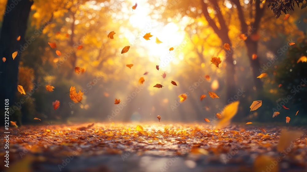Aufkleber vibrant autumn landscape featuring a golden glow with scattered yellow leaves in a serene forest set