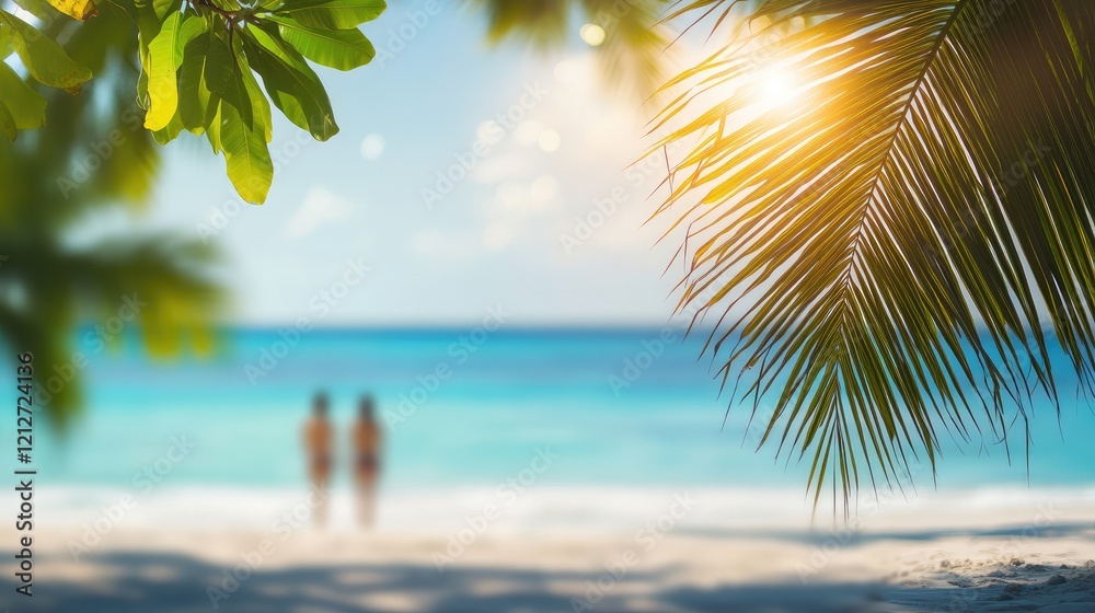 Poster calming blurred ocean view with palm leaves creating a serene beach atmosphere for vacation and rela
