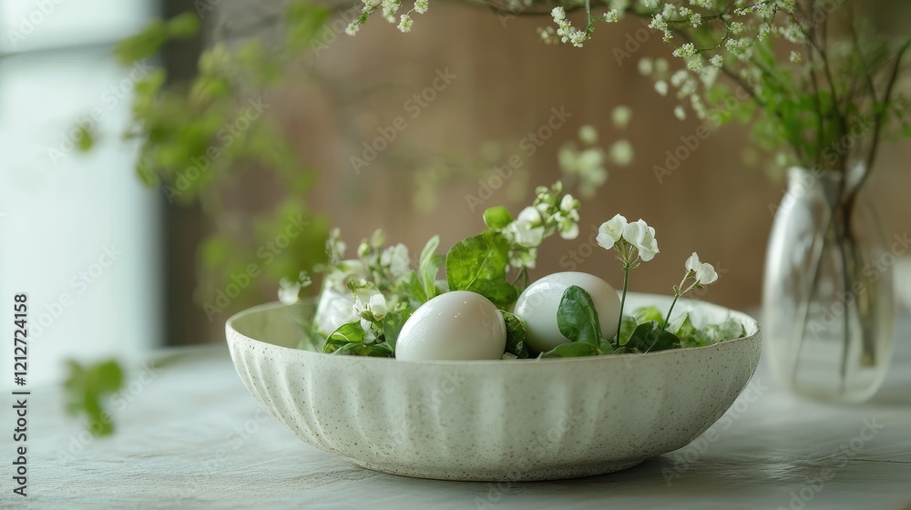 Poster fresh spring salad with quail eggs and delicate flowers in a rustic bowl on a light table setting.