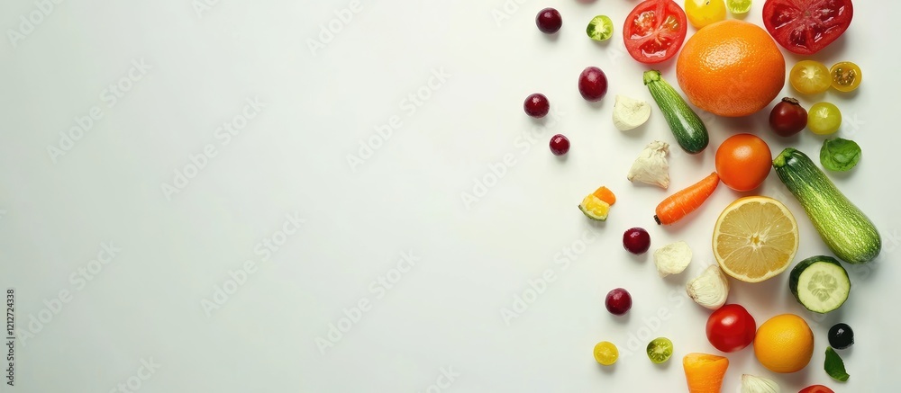 Poster Colorful overhead layout of assorted fresh vegetables and fruits including tomatoes oranges cucumbers garlic and carrots on light background with empty space for text