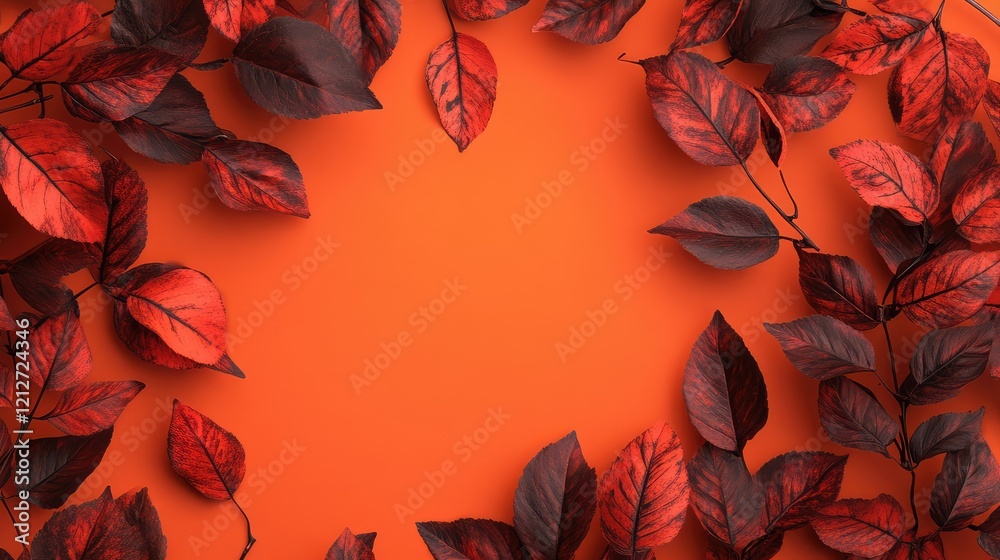 Aufkleber vibrant red and burgundy autumn leaves arranged in a circular frame on an orange background creating