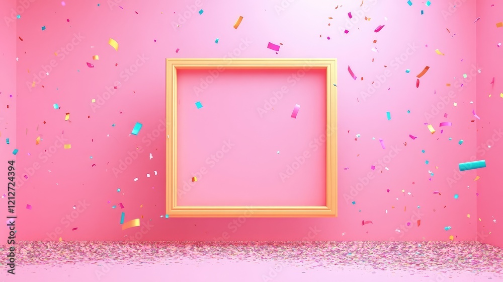 Poster vibrant pink backdrop with glittering confetti and an empty golden frame design for festive celebrat