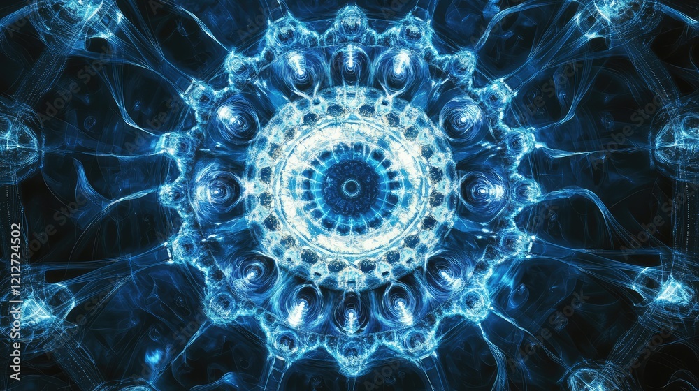 Poster abstract blue digital artwork depicting intricate circular patterns and luminous textures, ideal for