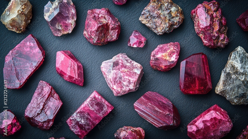 Poster Vibrant collection of ruby gemstones in various shapes and sizes on a dark textured background highlighting deep red colors and intricate details