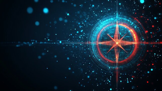 A low-poly wireframe compass symbolizing target goals and success through digital technology. Represents business strategy and achievїement, with a focus on direction and precision
