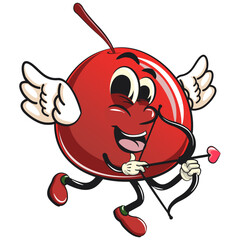 Cute red cherry fruit vektor illustration mascot character being cupid with angel wings and the arrow of love, work of hand drawn
